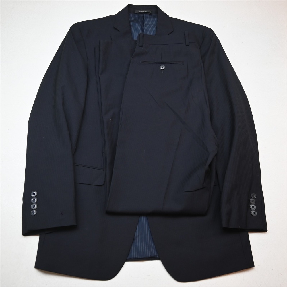 Calvin Klein 38L 32x34 Navy Blue Striped 100% Wool Slim Mens Jacket Pants Suit